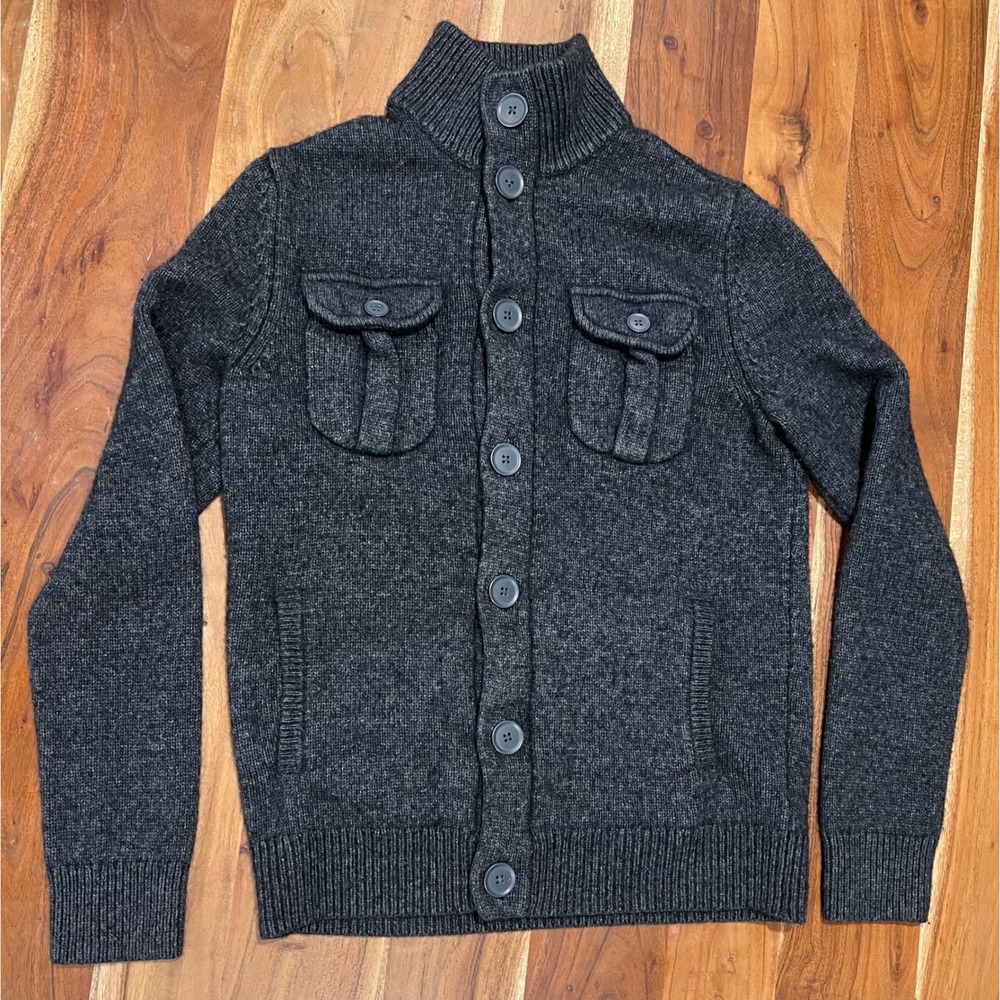 Express Mens L Wool Blend Military Cardigan Sweater Jacket 4 Pocket Gray